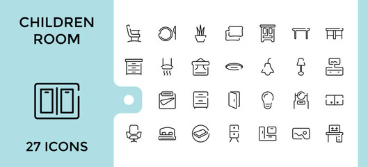children's room icons collection, baby room icon set, kids vector, cradle, baby bed, changing table, swaddle wrap, bunk bed, book and more. Thin outline icons pack. Vector illustration