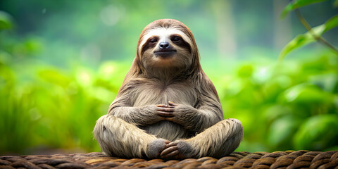 Naklejka premium Meditating sloth in a peaceful pose , Sloth, meditation, peaceful, relaxation, mindfulness, tranquil, calm, Zen, nature, forest, animal