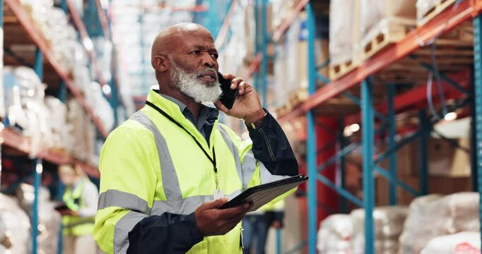 Mature, black man or phone call for shipping in warehouse for distribution, cargo checklist or supplier. Factory inspection, tablet or logistics supervisor on technology to organize inventory order