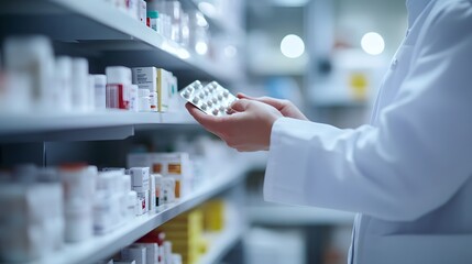 The photo shows the hand of an employee in a white medical uniform holding and examining medicine on shelves, which are located next to them