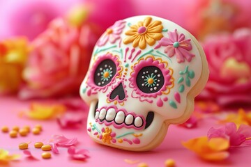 Fototapeta premium A sugar skull cookie with purple, yellow, and orange icing designs, featuring intricate floral patterns
