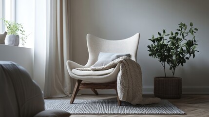Scandinavian-style armchair with a soft throw in a minimalist bedroom