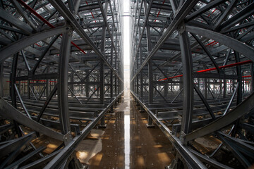 Fish-eye view of steel galvanised framework clad rack structure of asrs warehouse with sprinkler system piping and reflections in rainwater pond