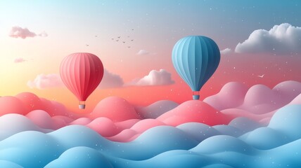 Fototapeta premium Two air balloons floating side by side in a minimalistic style, with simple outlines and a few soft colors