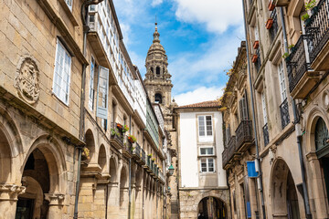 Obraz premium Arcades in the medieval buildings surrounding the cathedral of Santiago de Compostela, Galicia.