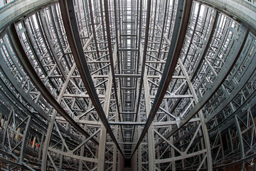 Fish-eye view of steel galvanised framework clad rack structure of asrs warehouse with sprinkler system piping