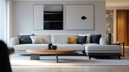 Fototapeta premium Sleek, modular sofa arrangement in a bright, open-concept living space