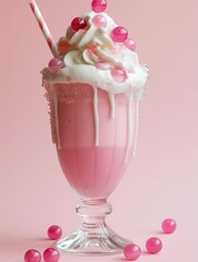 Bubblegum Blast: A milkshake topped with bubblegum ice cream, whipped cream, and a swirl of bubblegum syrup, garnished with bubblegum balls.