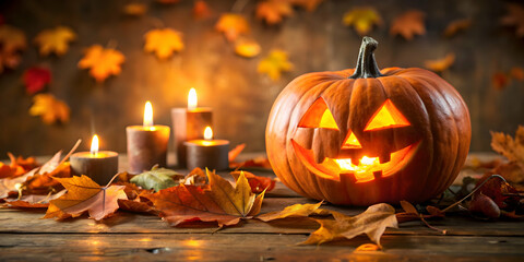 Halloween pumpkin with a spooky carved face, candle inside, and surrounded by autumn leaves , jack-o-lantern, holiday