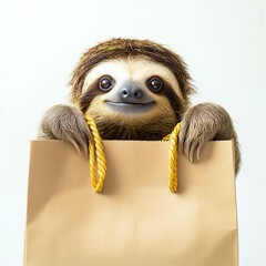 Fototapeta premium A sloth peeking out from a Black Friday shopping bag, cute and playful, isolated on white background