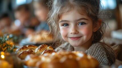 Naklejka premium A young girl with rosy cheeks smiles brightly while sitting at a table with baked goods.