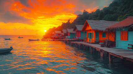 Fototapeta premium A picturesque cinematic shot of a seaside fishing village with colorful wooden houses perched along the shore, with gentle waves lapping against the docks at sunset.