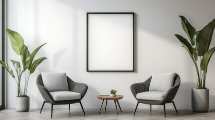 Two armchairs in room with white wall and big frame poster on it Scandinavian style interior design of modern living room