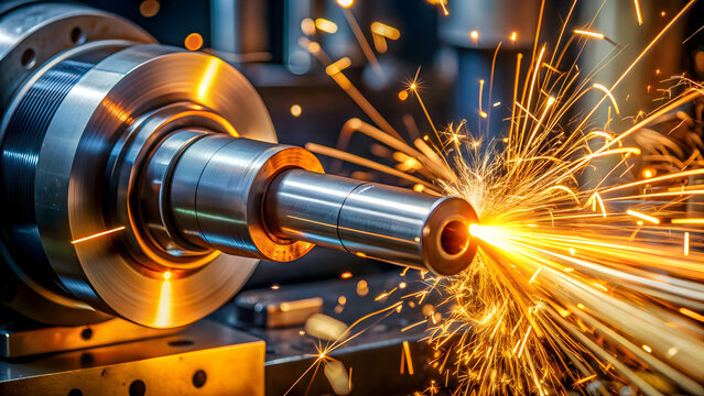 Precision tooling head of a lathe machine creating fiery sparks , lathe, machine, precision tooling, head