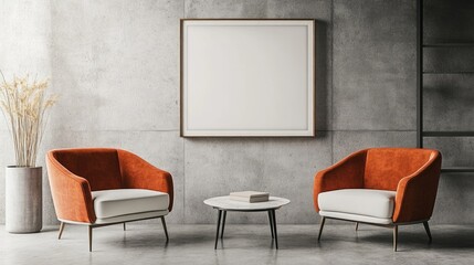 Two vibrant accent orange armchairs near white sofa against concrete tile wall with art frame Scandinavian interior design of modern living room Minimalist