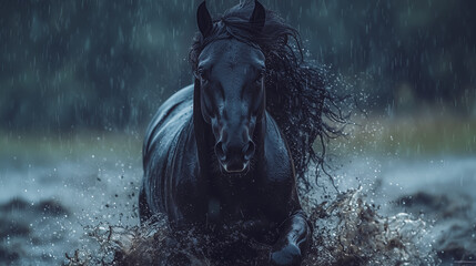 Obraz premium A cinematic close-up of a black stallion running through a storm, with rain and wind swirling around its powerful figure, creating a dynamic and dramatic scene.