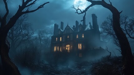 Fototapeta premium A large, dark, ominous Victorian mansion sits in a foggy forest at night, lit by the moon.