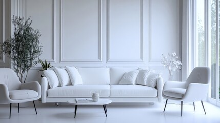 White sofa and armchairs in scandinavian style home interior design of modern living room