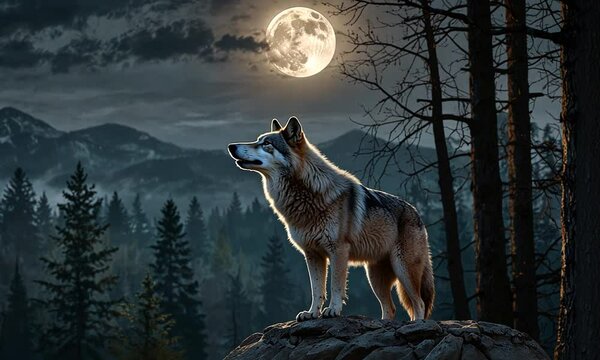 A silver wolf stands on the edge of a cliff