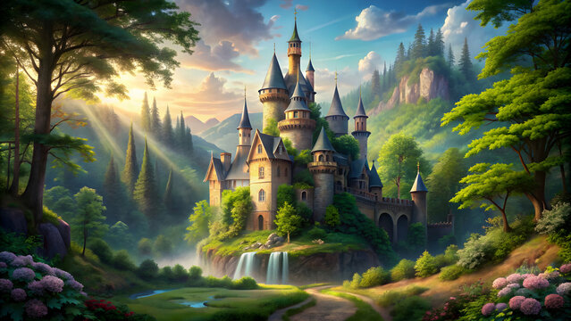 Enchanted forest castle surrounded by lush greenery and a majestic fairytale palace, nature, fantasy, forest, castle