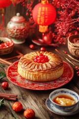 A beautiful spread of Chinese New Year pastries (Su Bing) on a festive table with red and gold decorations. Perfect for representing traditional Chinese New Year meals.