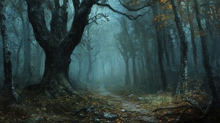Fototapeta premium A dark, overgrown forest where the trees seem to have eyes. The air is thick with mist, and the sound of footsteps crunching on fallen leaves is the only noise that breaks the eerie silence.