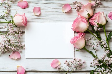A blank white page of an elegant wedding card, with pink roses and baby's breath flowers on the table next to it. The background is wooden