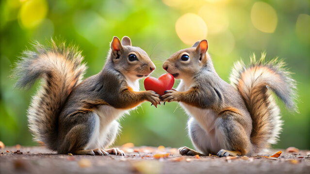 Two adorable squirrels holding a heart together in a cute and loving gesture , squirrel, heart, love, cute, animals