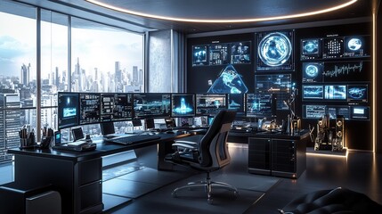 A high-tech workspace with multiple monitors, sleek furniture, and modern gadgets, representing innovation and the cutting edge of technology