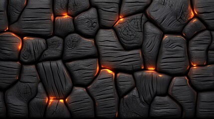 Fototapeta premium Black volcanic rock texture with glowing elements