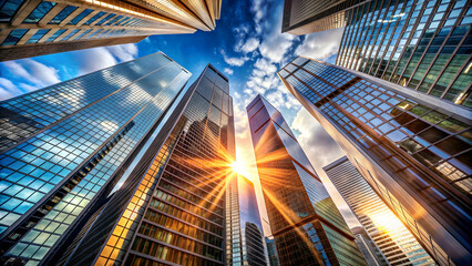Reflective skyscrapers shining brightly in the sunlight, seen from a unique bottom to top perspective, skyscrapers, modern
