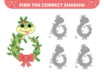 Find the correct shadow. Christmas wreath. Snake. Shadow matching game. Cartoon, vector
