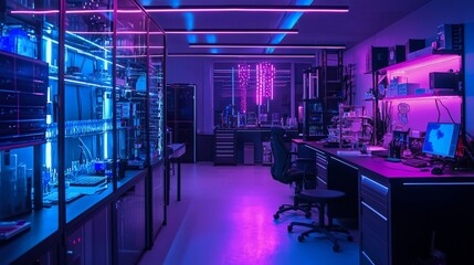 A futuristic biohacker's lab with cutting-edge technology, filled with neon-lit devices, genetic engineering tools, and personalized health monitoring systems