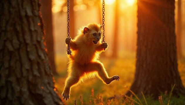 Baby monkey swinging on a swing in a sunlit forest during golden hour