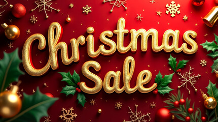 A vibrant Christmas sale banner bursts with glittering red and green colors, featuring festive elements like snowflakes and ornaments that bring holiday cheer