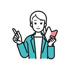Illustration of businessperson woman holding a young-leaf mark.
