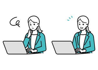 Illustration set of businessperson woman operating a personal computer.
