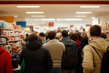 Fototapeta premium Black Friday. A group of people are standing in a grocery store aisle