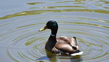 Fototapeta premium Duck with Reflections Swimming in a Pond