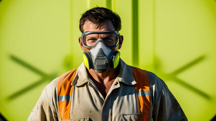 Portrait of a male worker wearing a gas mask against a green background