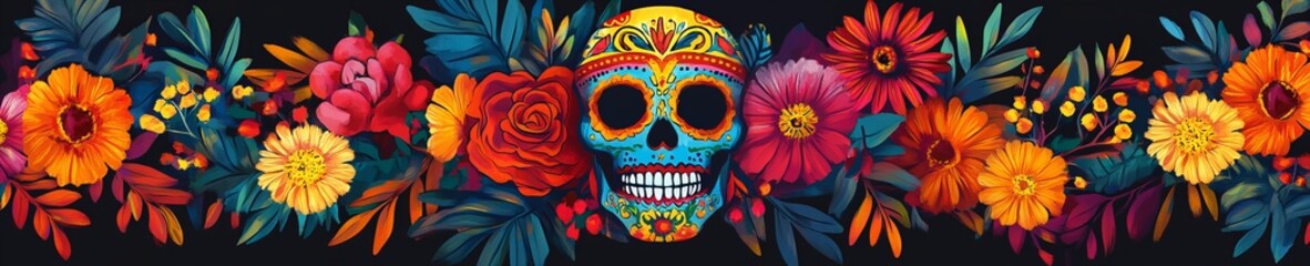 Fototapeta premium Mexican themed banner with a skull and colorful flowery motifs