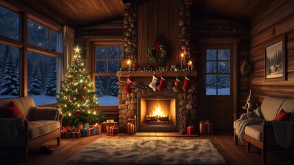 Cozy christmas cabin interior with burning fireplace and decorated christmas tree