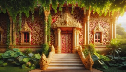 Fototapeta premium Rustic old house nestled amidst towering trees in a quaint village