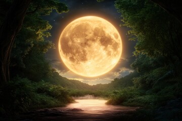 Full Moon Bathes Eerie Forest in Mystical Glow Nighttime Nature Photography, Mysterious, Tranquil, and Enchanting