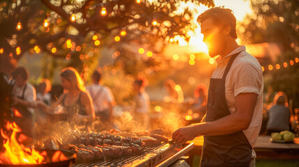 Fototapeta premium Handsome male chef grilling meat during backyard garden party at sunset