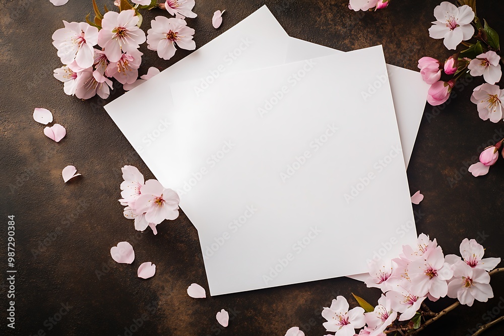 Wall mural a mockup of two blank white a4 cards lying on top, surrounded by cherry blossoms and petals scattere