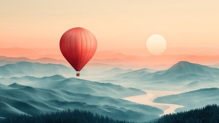 Obraz premium A simple air balloon floating above a minimalistic landscape, with the landscape rendered in soft, muted colors and simple shapes like hills or a river