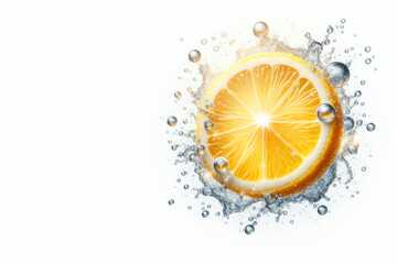 Lemon in water with splashes on a white background. Space for text.