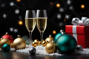 champagne and christmas decorations
