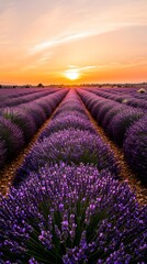 Obraz premium Sunset over a field of lavender in full bloom.